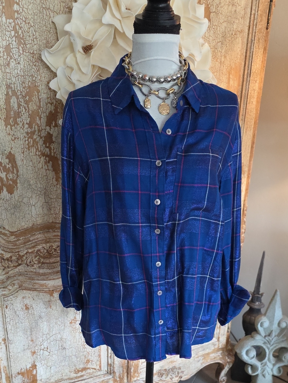 Style & Co. Blue Plaid Button-Up Blouse